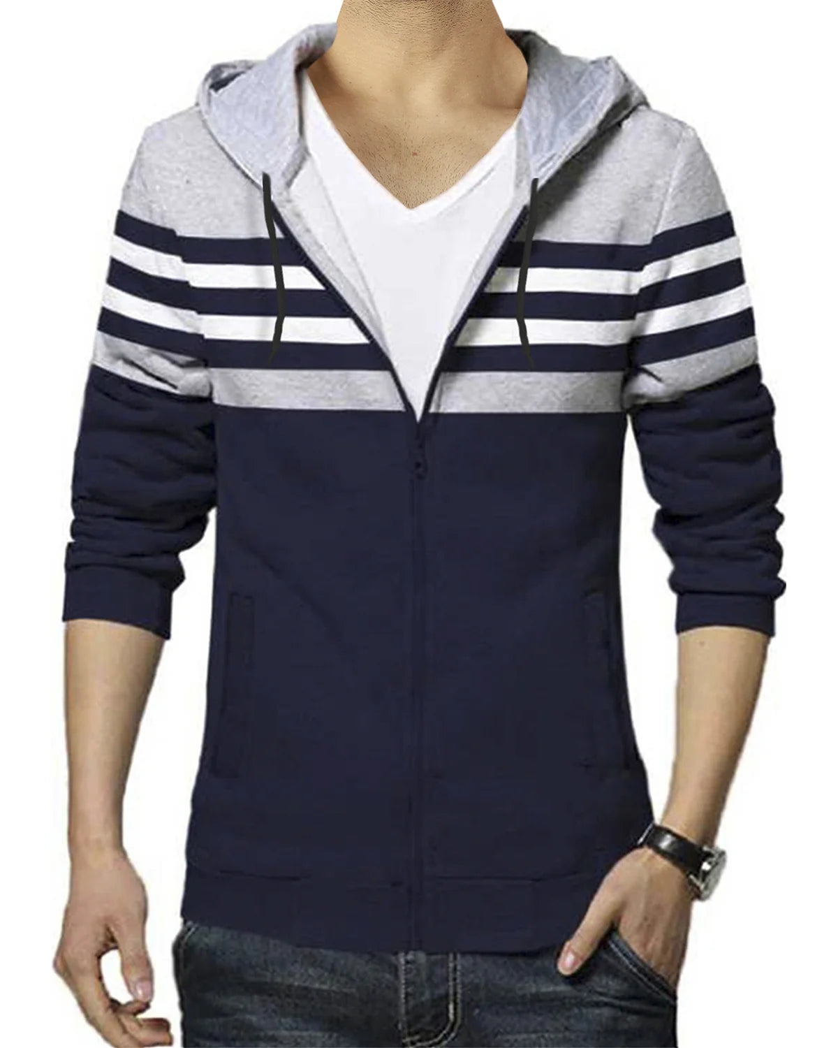 Striped Blue & Grey Zipper Casual Jacket