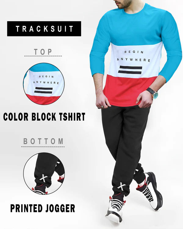 Men Tracksuit | Full Sleeve Colorblock T-shirt - Black Jogger Pant