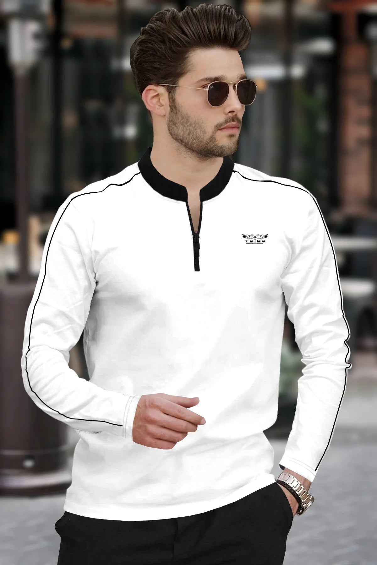 Men Mandarin Collar Cotton Blend White Full Sleeve T-Shirt