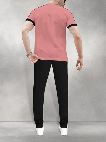 mens tracksuit pink t-shirt and black jogger