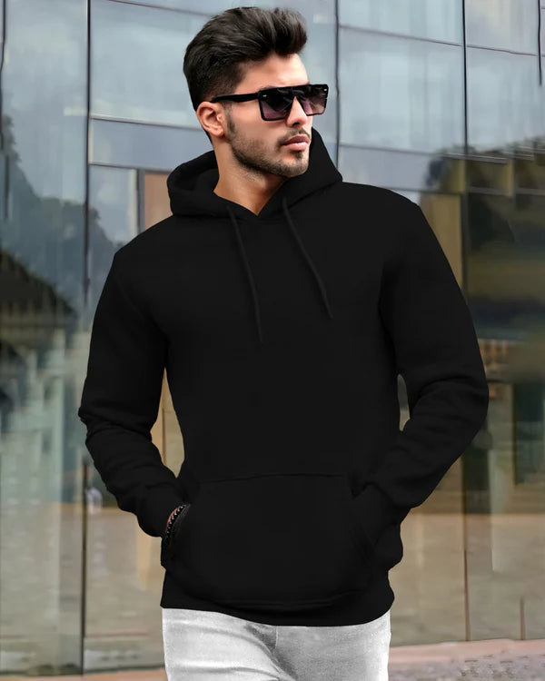 Plain Sweatshirt Black Side Pockets with Hood