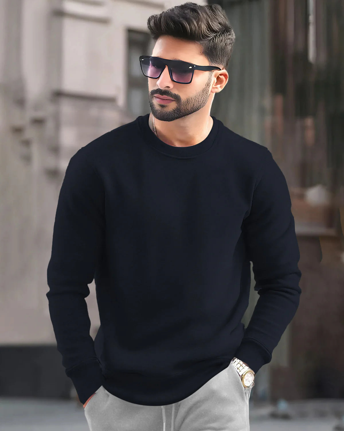 PLAIN NAVY BLUE MEN REGULAR FIT CASUAL SWEATSHIRT