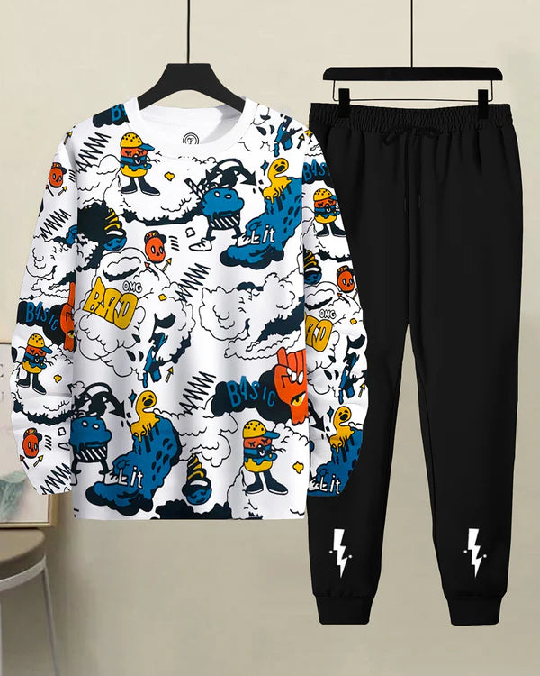 Men Comic Strip Printed White & Black Tracksuit