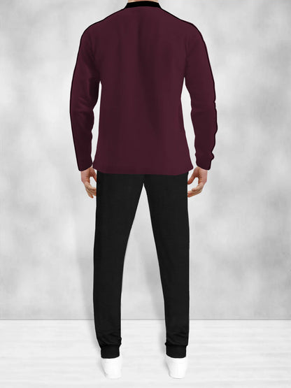 (Maroon & Black) Tracksuit | Full Sleeve Henley Neck T-shirt with Black Jogger Pant