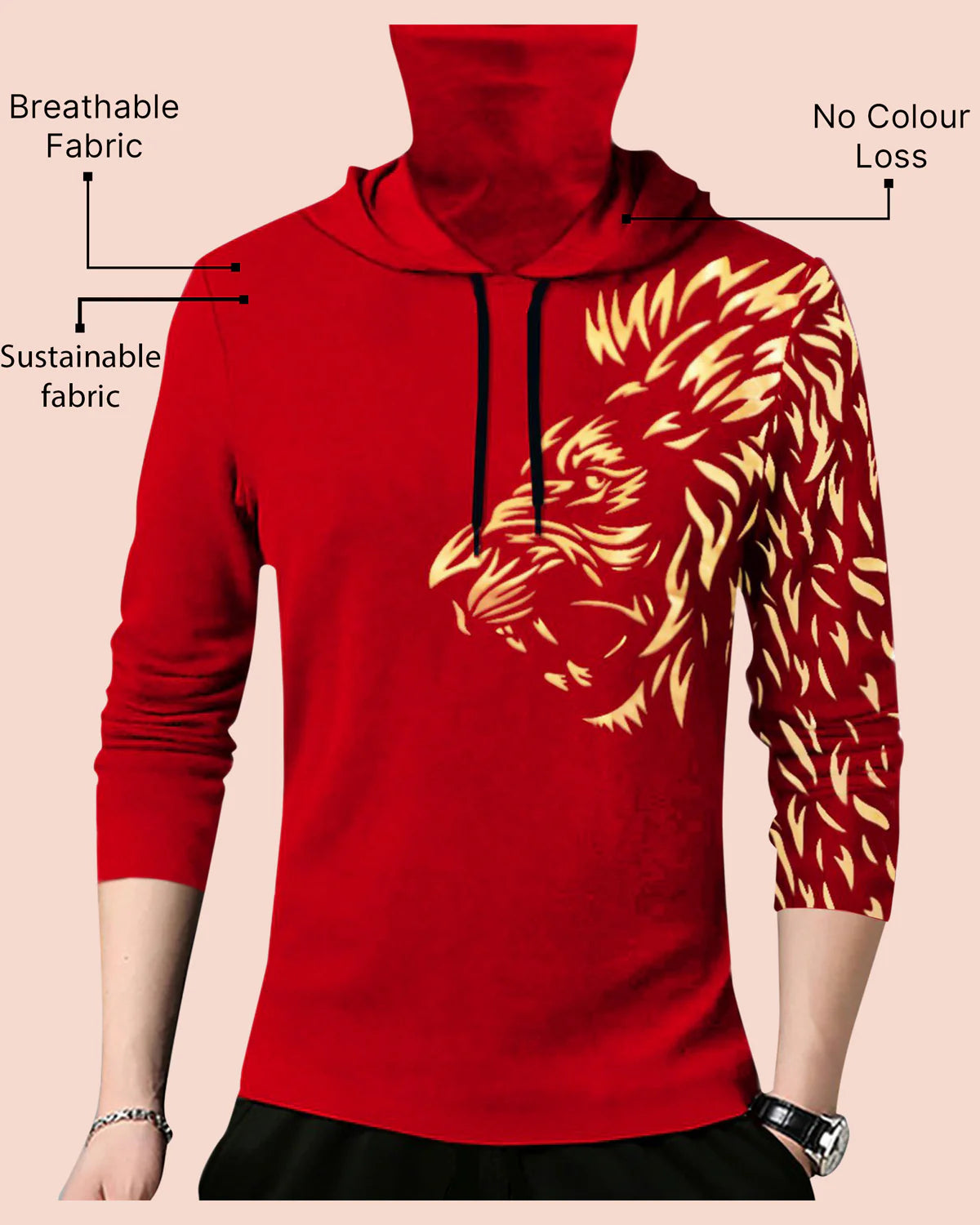 Men Red Lion Printed Hooded Mask T-shirt