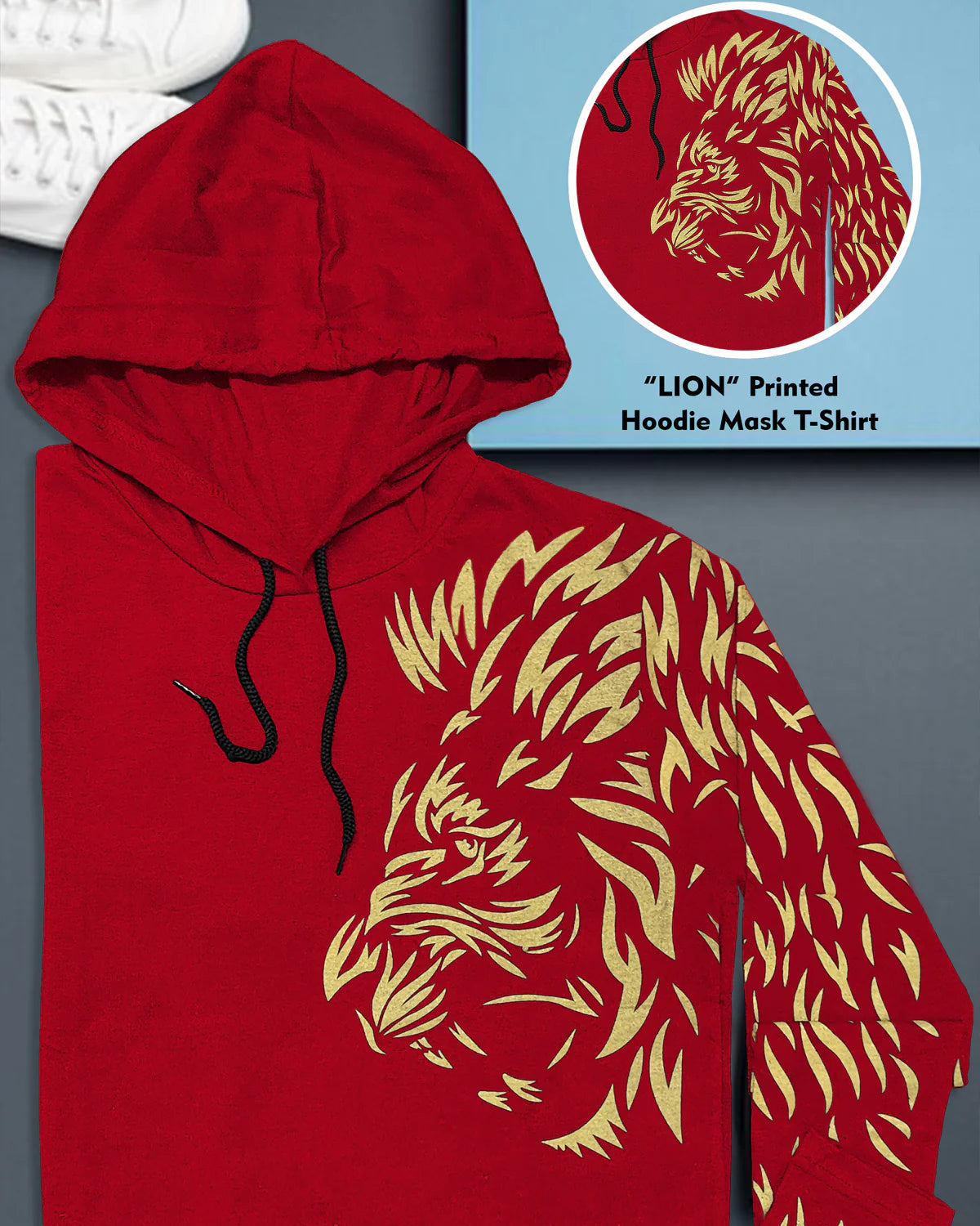 Men Red Lion Printed Hooded Mask T-shirt